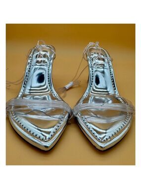 Good American Cinder F Rella Acrylic Wedge Lace Up Triangle Silver Heels Sz 8